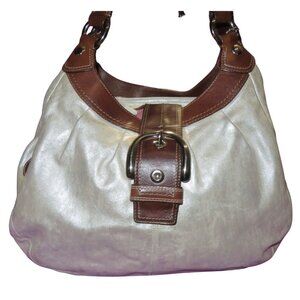 Coach 2010 Soho Lynn Hobo Buckle Bag in Pearlescent White Brown Leather Trim